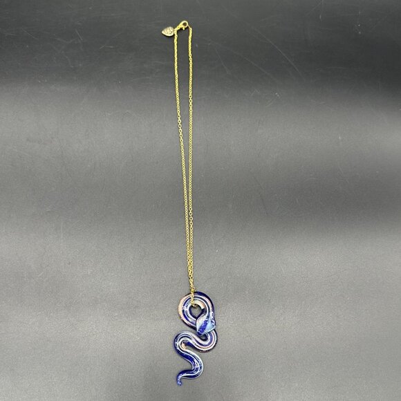 Art Glass Snake Pendant Necklace Gold Toned Chain Blue Copper Lampwork Serpent - Picture 3 of 9